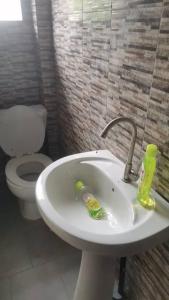 uma casa de banho com um lavatório branco e um WC. em Chez Manga em Ziguinchor