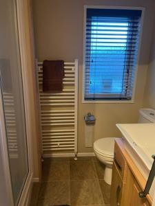 a bathroom with a toilet and a window at 3 Bedroom Lodge - Willows 24, Trecco Bay in Newton