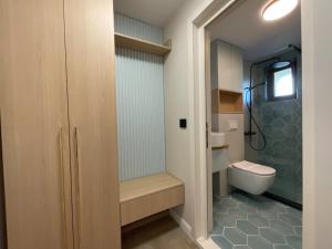 a small bathroom with a toilet and a shower at Pensiunea Alpin in Durau +89 photos