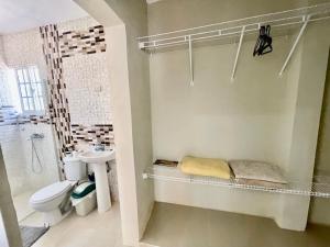 een badkamer met een douche, een toilet en een wastafel bij Balcón Skyline 2 in Jarabacoa