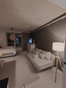 - un salon avec un canapé et un lit dans l'établissement 32m2 asunto järven rannalta, à Kuopio