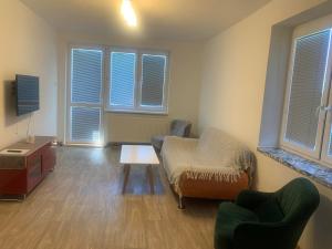 a living room with a couch and a table and windows at Nebřehovická, Strakonice. in Strakonice