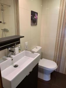 un bagno con un lavandino bianco e un water di Casa do Crasto ad Amarante Altre 18 foto