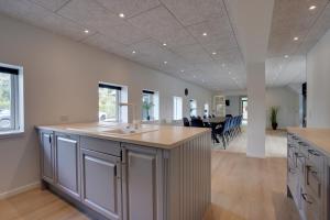 uma cozinha em plano aberto com um lavatório e uma sala de jantar em 9 Rooms Amazing Sommerhouse em Børkop