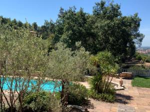 Blick auf den Pool in einem Garten mit Bäumen in der Unterkunft La Farigoule in Aix-en-Provence