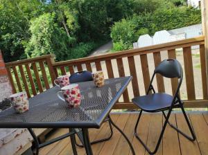 a table and two chairs on a deck at Ferienhaus Bieberhöhe in Plön