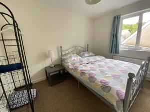 a bedroom with a bed and a window and a bunk bed at Irvinestown Fermanagh 2 Bedroom Apartment in Irvinestown
