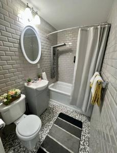 La salle de bains est pourvue de toilettes, d'un lavabo et d'une douche. dans l'établissement Cozy Modern Brooklyn Apartment w/ Balcony, à Brooklyn