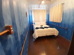 1 dormitorio con 1 cama en una habitación azul en Casa Topázio no Container dos Cristais, en Delfinópolis