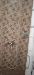 a shower in a bathroom with a flower patterned wall at Mikassa room in Niš