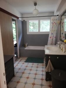 ein Badezimmer mit Badewanne und Waschbecken und einem Fenster in der Unterkunft Grande maison au calme au cœur d un bois 11 personnes in Ferrières