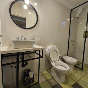 ein Badezimmer mit Toilette, Waschbecken und Spiegel in der Unterkunft CASA MARGARITA 2Piso MonoVerde in San Salvador de Jujuy