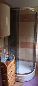 prysznic ze szklanymi drzwiami obok koszyka w obiekcie Domek całoroczny w Bielsku Białej