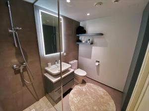 a bathroom with a toilet and a sink and a shower at Penthouse apartment with an amazing view in Tallinn