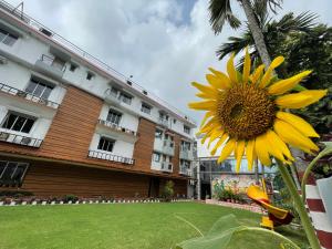 a large yellow sunflower in front of a building at Hotel Royal Bengal in Bolpur