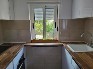 cocina con fregadero y ventana en Holiday home Paula, en Radovići