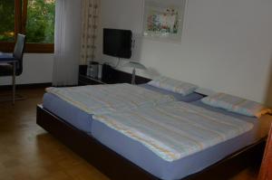 Bett in einem Zimmer mit einem TV und einem Bettröckchen-Speckspeck in der Unterkunft Ferienwohnung Urban - AHORN -- Meersburg in Meersburg