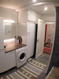 eine Küche mit einer Waschmaschine in einem Zimmer in der Unterkunft Log-house at Pyhätunturi ski resort. in Pyhätunturi
