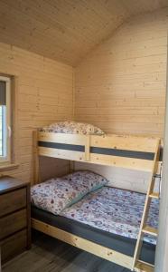 a bedroom with two bunk beds in a cabin at Domki Letniskowe Kraina Jodu in Bobolin
