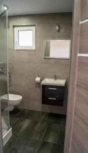 a bathroom with a sink and a toilet and a window at Domki Letniskowe Kraina Jodu in Bobolin