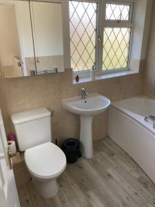 a bathroom with a toilet and a sink and a tub at Cheerful 3 bedroom property set in the countryside in Westcott