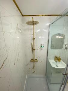 ein Bad mit einer Dusche und einem Waschbecken in der Unterkunft Apartament Panorama Centrum in Legnica