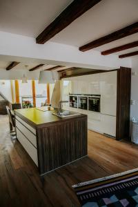 a large kitchen with a sink and a counter at traumhaftes Apartment am Dom mit großer Dachterrasse in Zwickau