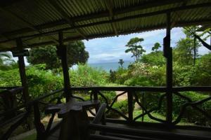 a view of a porch with a view of the ocean at Cabinas vista isla del caño corcovado in Drake