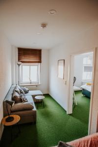 - un salon avec un canapé et un tapis vert dans l'établissement traumhaftes Apartment am Dom mit großer Dachterrasse, à Zwickau