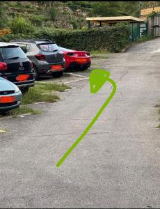 ein grüner Pfeil auf einem Parkplatz mit geparkten Autos in der Unterkunft Nenè al mare appartamento con posto auto wifi e idromassaggio in Santa Margherita Ligure