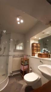 uma casa de banho com um WC branco e um lavatório. em Escape To The City em Londres