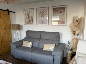 a living room with a gray couch and pictures on the wall at Le petit paradis in Cassel
