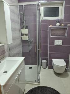 een paarse badkamer met een douche en een toilet bij Apartman PIK in Karlobag