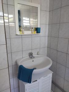 een badkamer met een wastafel en een spiegel bij LE DOMAINE DE LA PETITE SUCRERIE in Vieux-Habitants