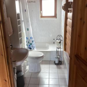 a bathroom with a tub and a toilet and a sink at Chalet Spessart in Dammbach