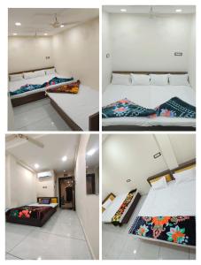 four different pictures of beds in a room at Hotel shipra suites in Ujjain