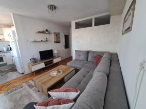ein Wohnzimmer mit einem grauen Sofa und einem Tisch in der Unterkunft Apartman Nira in Zenica