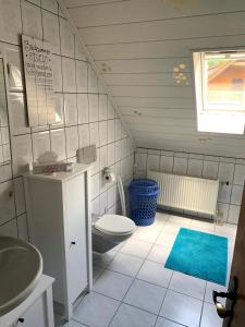 a small bathroom with a toilet and a sink at Ferienwohnung Klara in Meßstetten +18 photos