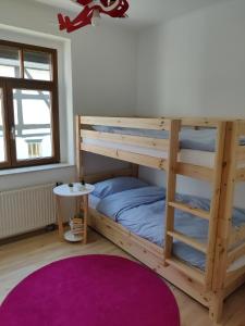 Ferienwohnung Obere Aue في Niederau: غرفة نوم مع سرير بطابقين وسجادة أرجوانية