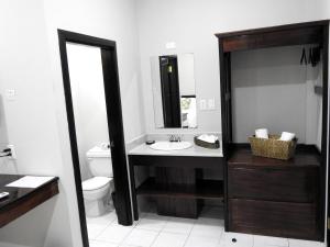 bagno con lavandino, specchio e servizi igienici di The Toucan Inn a Independence