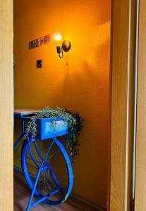 a blue bike with a plant in a hallway at Centro-ist-nicht-mehr-weit in Oberhausen