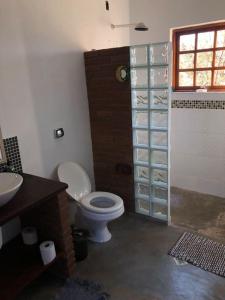 y baño con aseo, lavabo y ducha. en Casa da Serra en Delfim Moreira