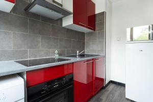 - une cuisine avec des placards rouges et un évier dans l'établissement Le Saint-Jean, à Metz