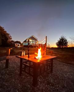 einem Picknicktisch mit einem Feuer vor einem Haus in der Unterkunft Lazy Spring Farm 
