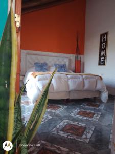 1 dormitorio con 1 cama con pared de color naranja en Shalom en Mina Clavero