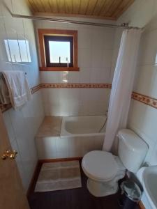 ein Badezimmer mit einem WC, einem Waschbecken und einer Badewanne in der Unterkunft Hostal Turismo Allipen in Melipeuco