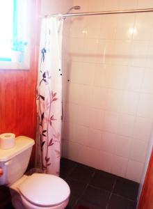 uma casa de banho com um WC e uma cortina de chuveiro em Hostal Turismo Allipen em Melipeuco
