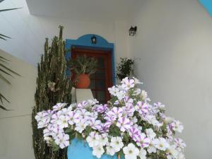 a blue vase filled with flowers in front of a door at Studios Matina in Naxos Chora