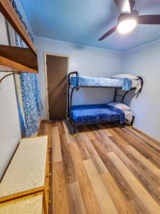 a room with two bunk beds and a ceiling fan at Chill Retreat in great location (parking onsite) in Wilmington
