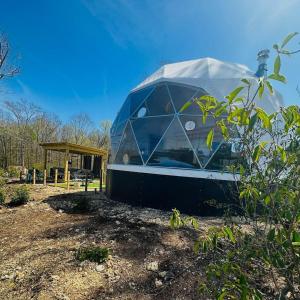 a boat covered in glass sitting in a field at WATERFRONT LUXURY GLAMPING DOME in Rogersville